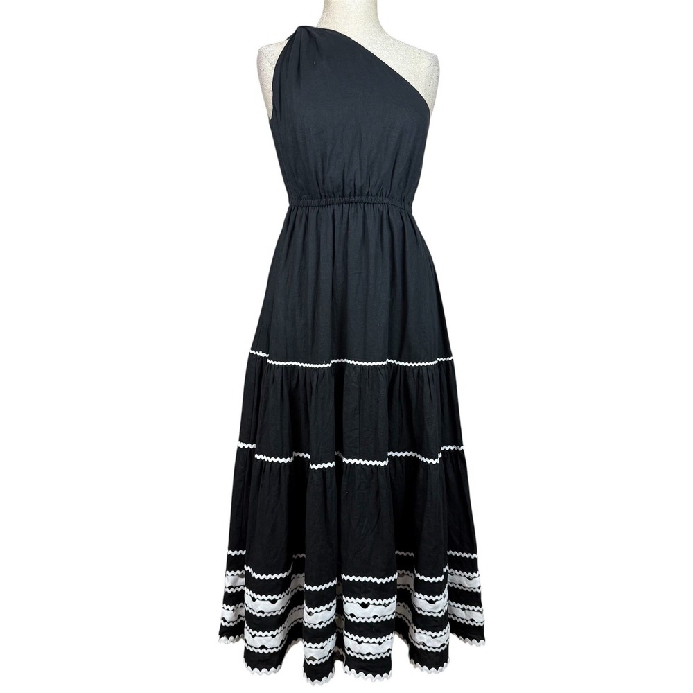 Anthropologie English Factory Dress Womens M Black One Shoulder Tiered Ric Rac